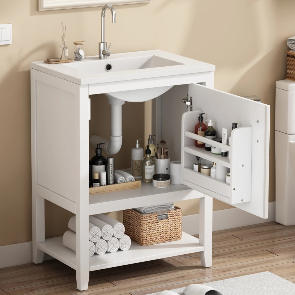 Mobile bagno con lavabo in ceramica da 60 cm, bianco, con ripiani