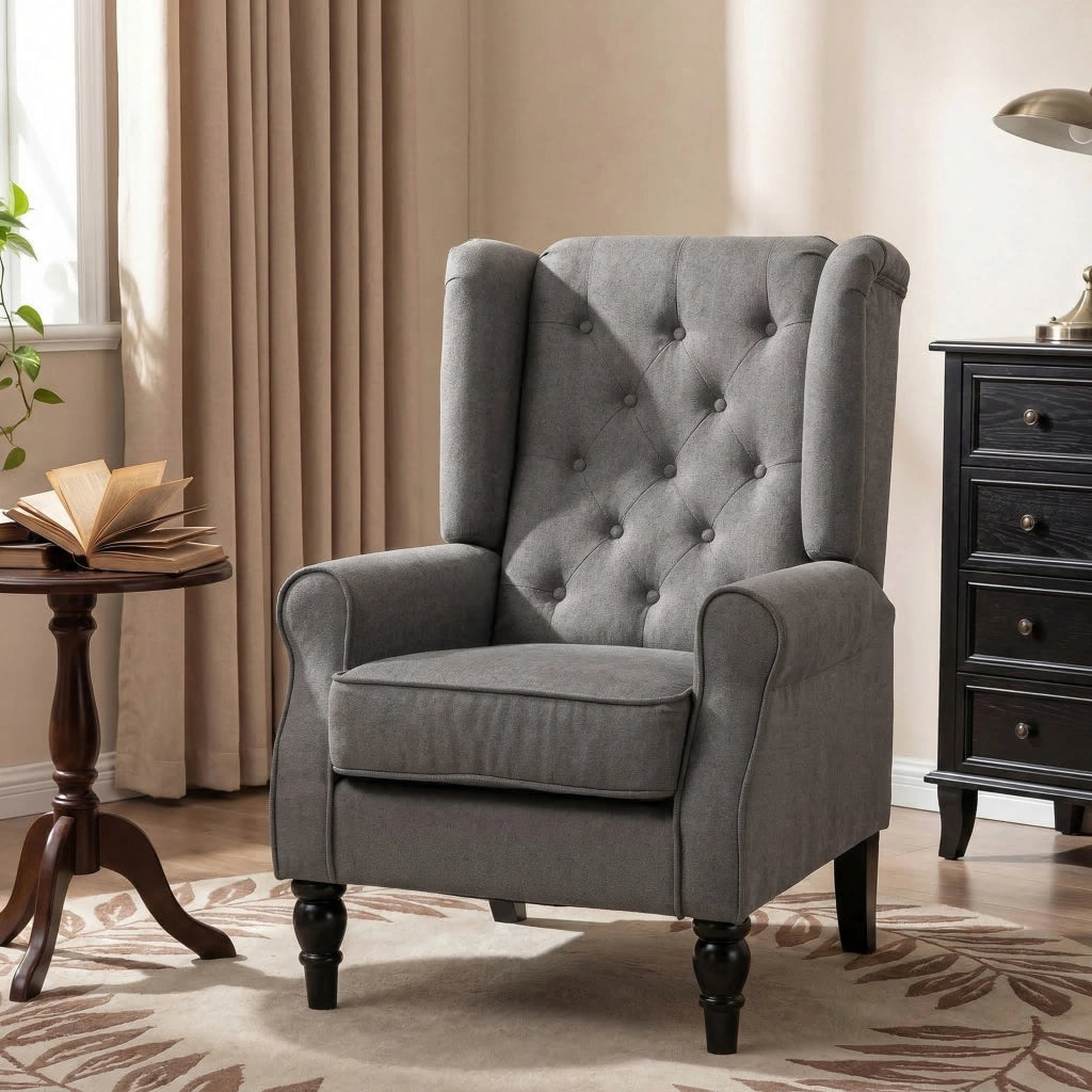 Poltrona da Salotto Stile Francese con Gambe in Legno e Cuscini Sfoderabili, 74x86x102 cm, Grigio