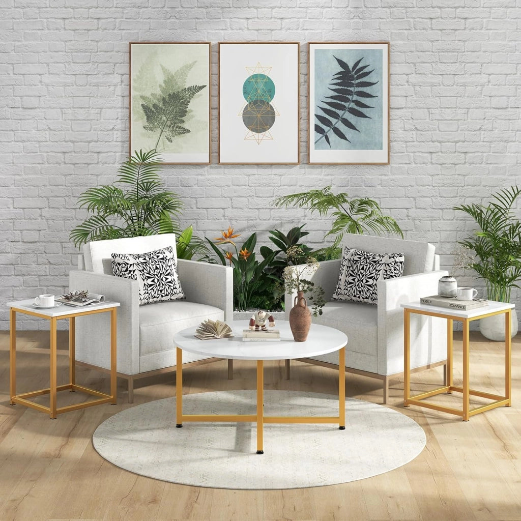 Set di 3 Tavolini da Salotto, Tavolino con Struttura Robusta in Ferro, Set di 3 Tavoli da Divano, 1 Tavolino Rotondo e 2 Tavolini Quadrati, con Piedini Regolabili (Bianco)