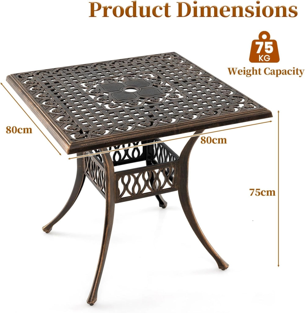 Tavolo da giardino quadrato con foro di 4,8 cm, tavolo da balcone con piedini regolabili, tavolo da bistrot in alluminio pressofuso, tavolo da pranzo per balcone, terrazza, giardino, 80 x 80