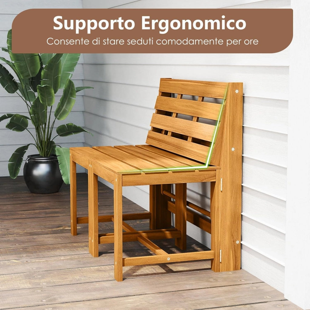 Panca Esterno Trasformabile 3 in 1, Panchina Giardino in Legno di Acacia con Schienale, Set Mobile Esterno con Tavolino e 2 Sedie, Supporto Piante per Terrazzo, Patio e Balcone