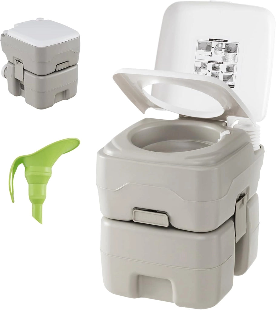 SOARS WC portatile da campeggio, WC portatile con pompa di risciacquo, serbatoio d'acqua 20 l + 10 l, carico 200 kg, altezza seduta 42 cm, imbuto telescopico, per campeggio, viaggio, auto, grigio