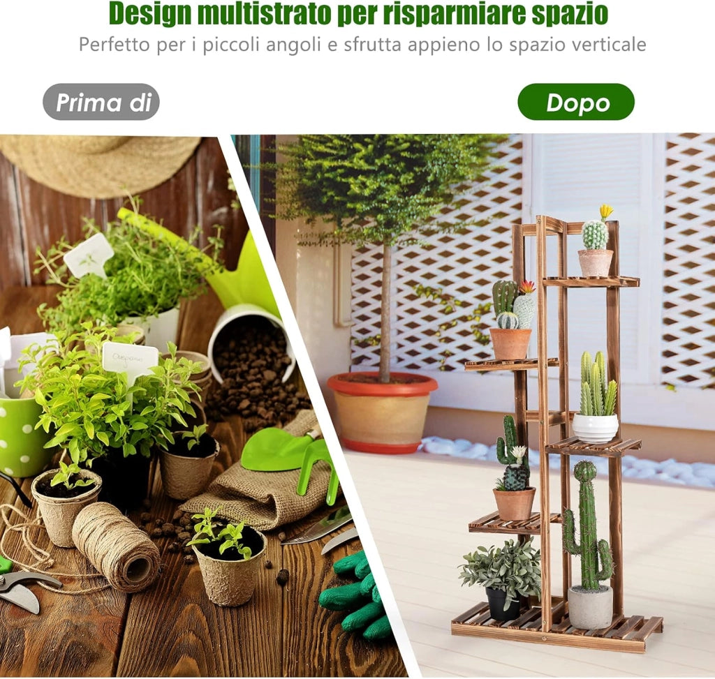 Porta Piante di Legno con 5/6 Livelli, Scaffale per Fiori, Scaffale Angolare per Piante, Scaffale Multiuso, Porta Fiori per Interno ed Esterno per Salone e Balcone (5 livelli)