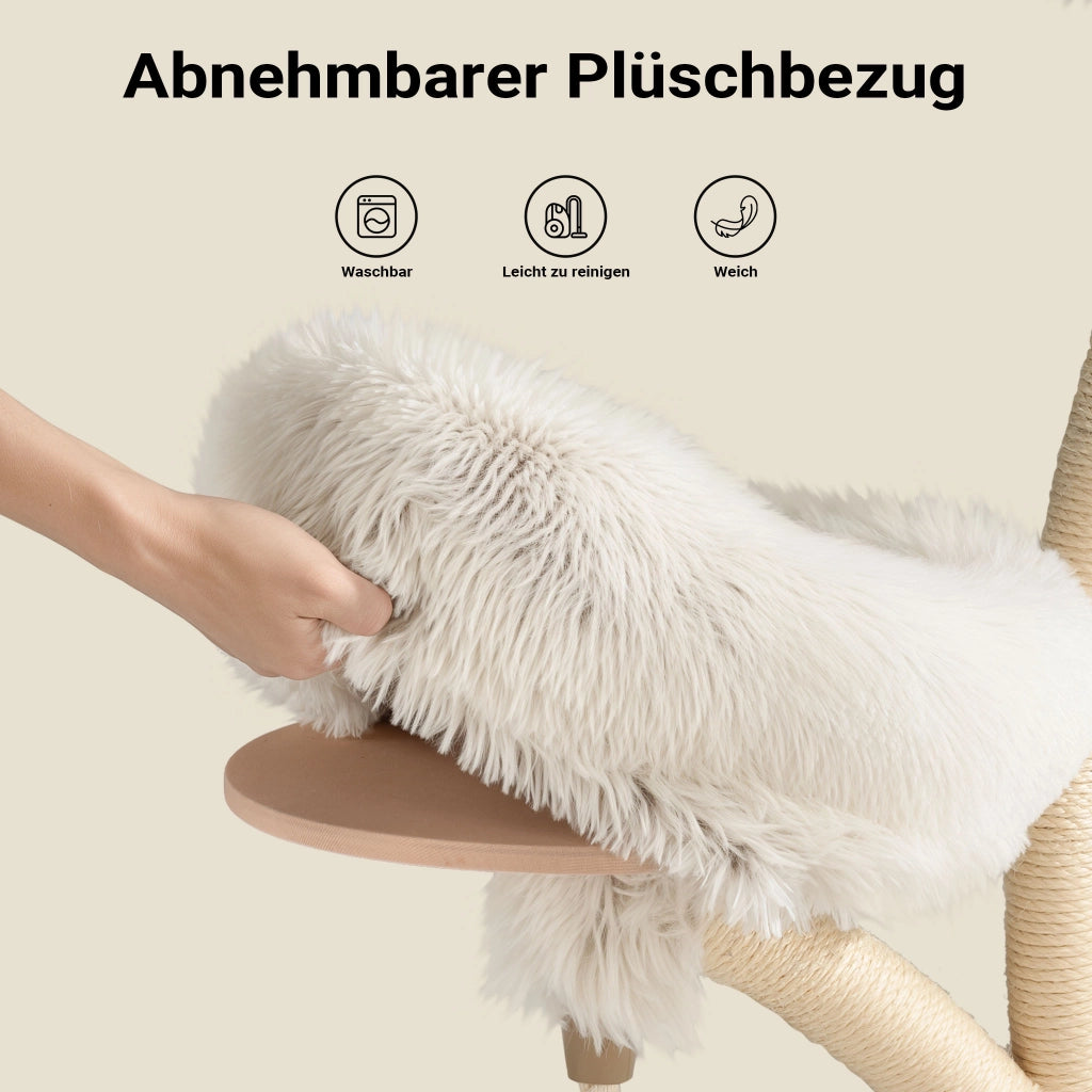 Fudajo Albero tiragraffi per gatti di design con 2 cucce, 1 nicchia, 1 amaca, Ø 59 cm, altezza 169 cm, portata max. 15 kg, beige con sisal e peluche, colonna e piattaforme