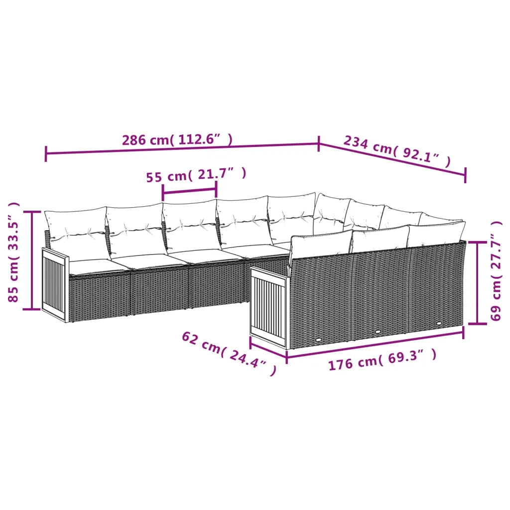 Set Divani da Giardino 10pz con Cuscini in Polyrattan Nero 3228016