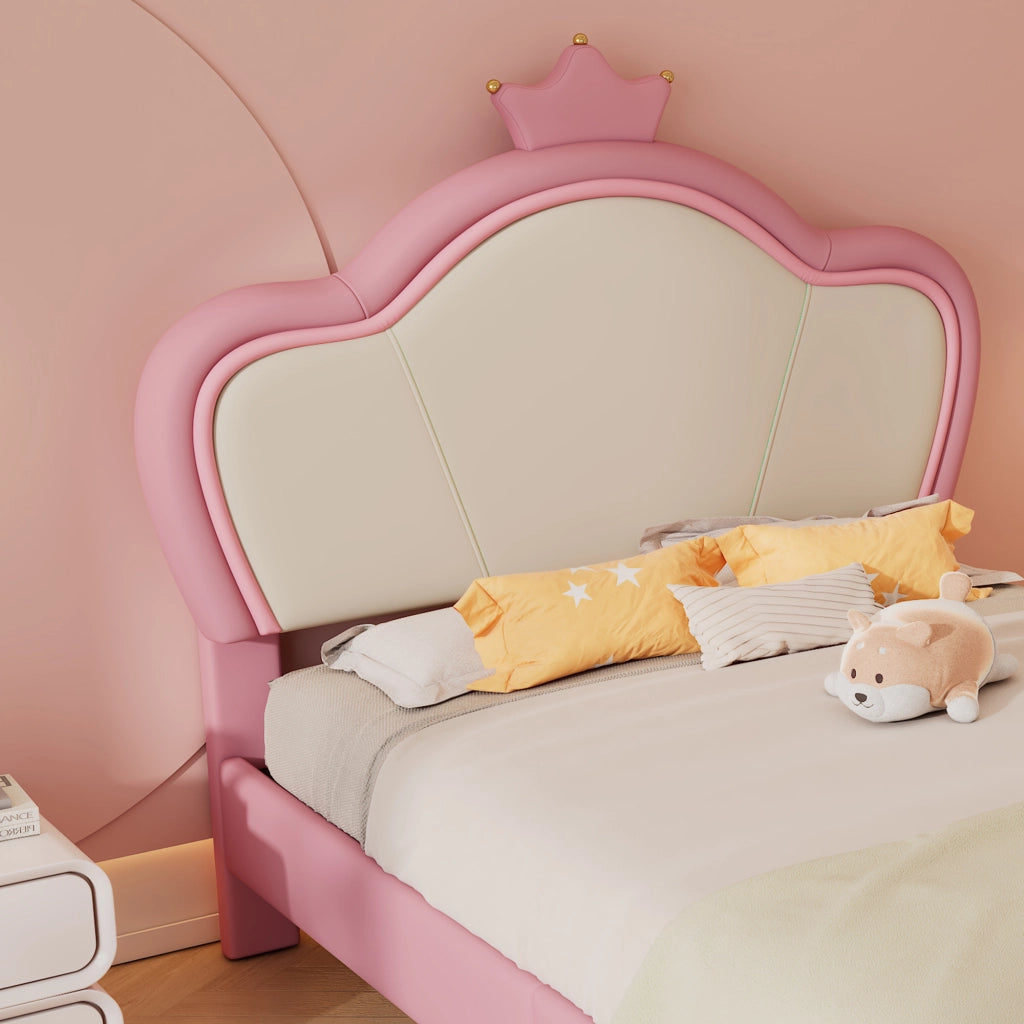 OKWISH Letto Bambini 90×200 cm, Letto Singolo con Bordi Imbottiti, Testiera Corona e 12 Doghe, senza Materasso, PU, Rosa e Bianco