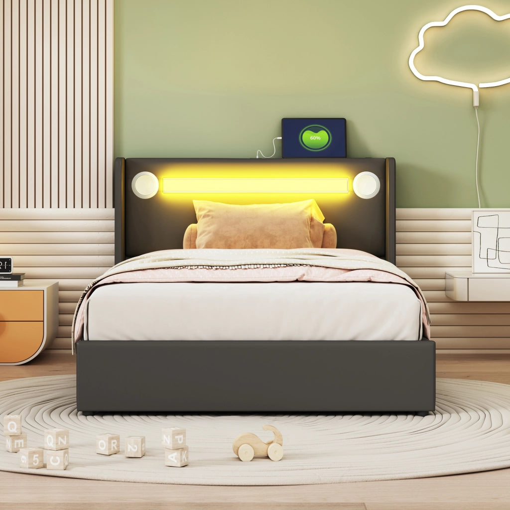 OKWISH Letto Bambino 90×200 cm, Letto Singolo con Contenitore, LED e Altoparlante Bluetooth e USB, senza Materasso, in Ecopelle, Nero