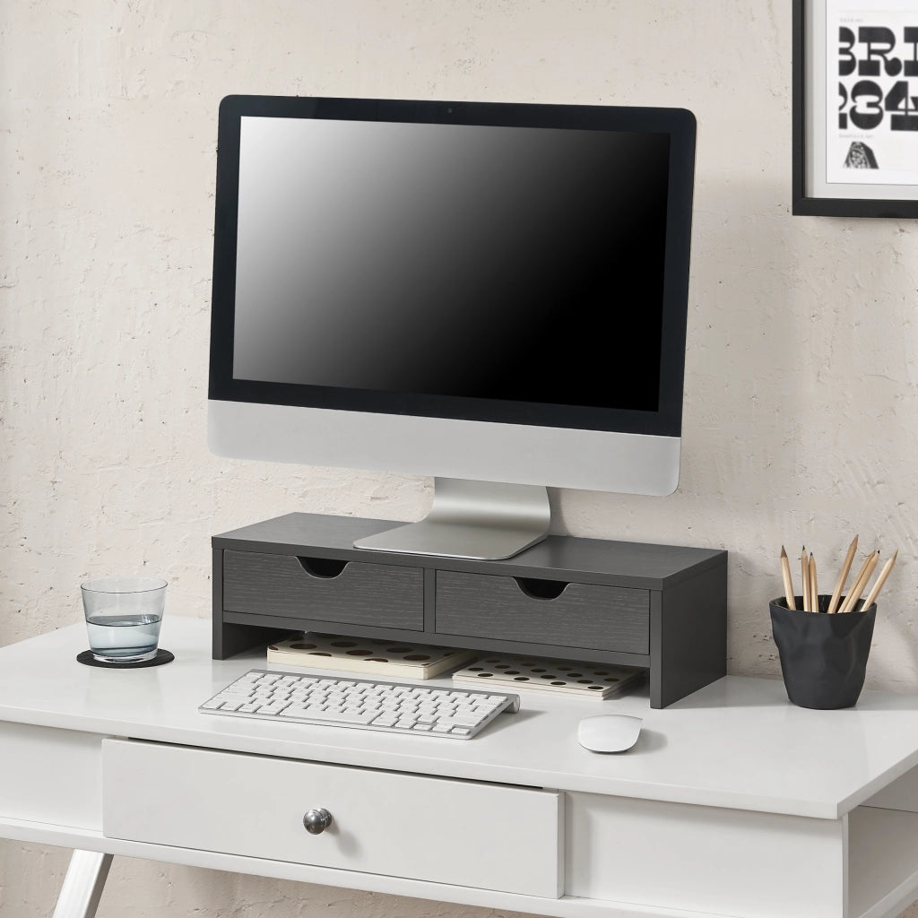 Supporto di Rialzo Monitor 'Mänttä' Base per Schermo con 2 Cassetti Portaoggetti - Grigio Scuro [en.casa]