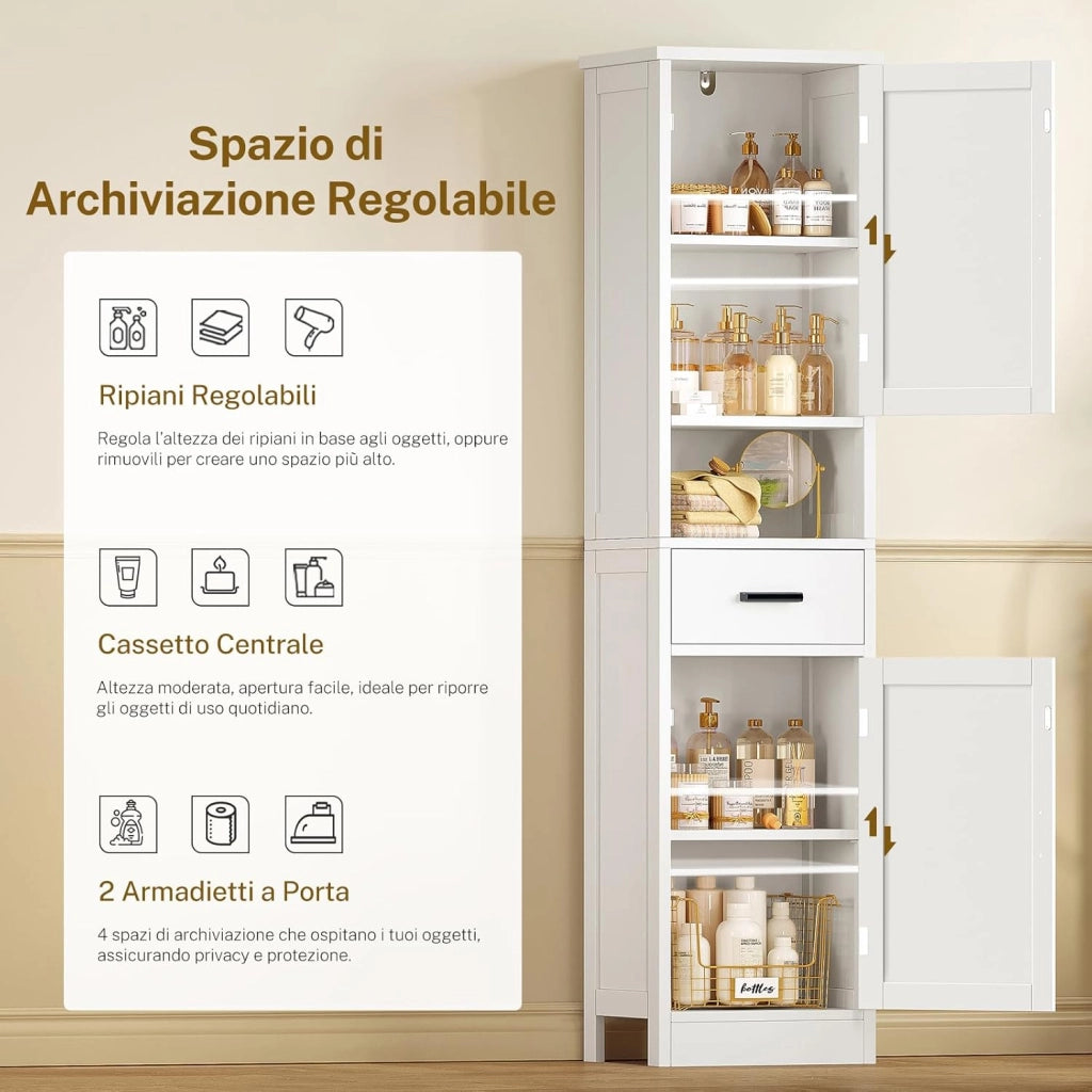 Mobiletto Bagno Salvaspazio con Ante Regolabili, Mobile Bagno Alto con 2 Ante e 1 Cassetto, Colonna Bagno con Ripiani Regolabili, Mobiletto compatto da terra, Bianco 40x30x170cm