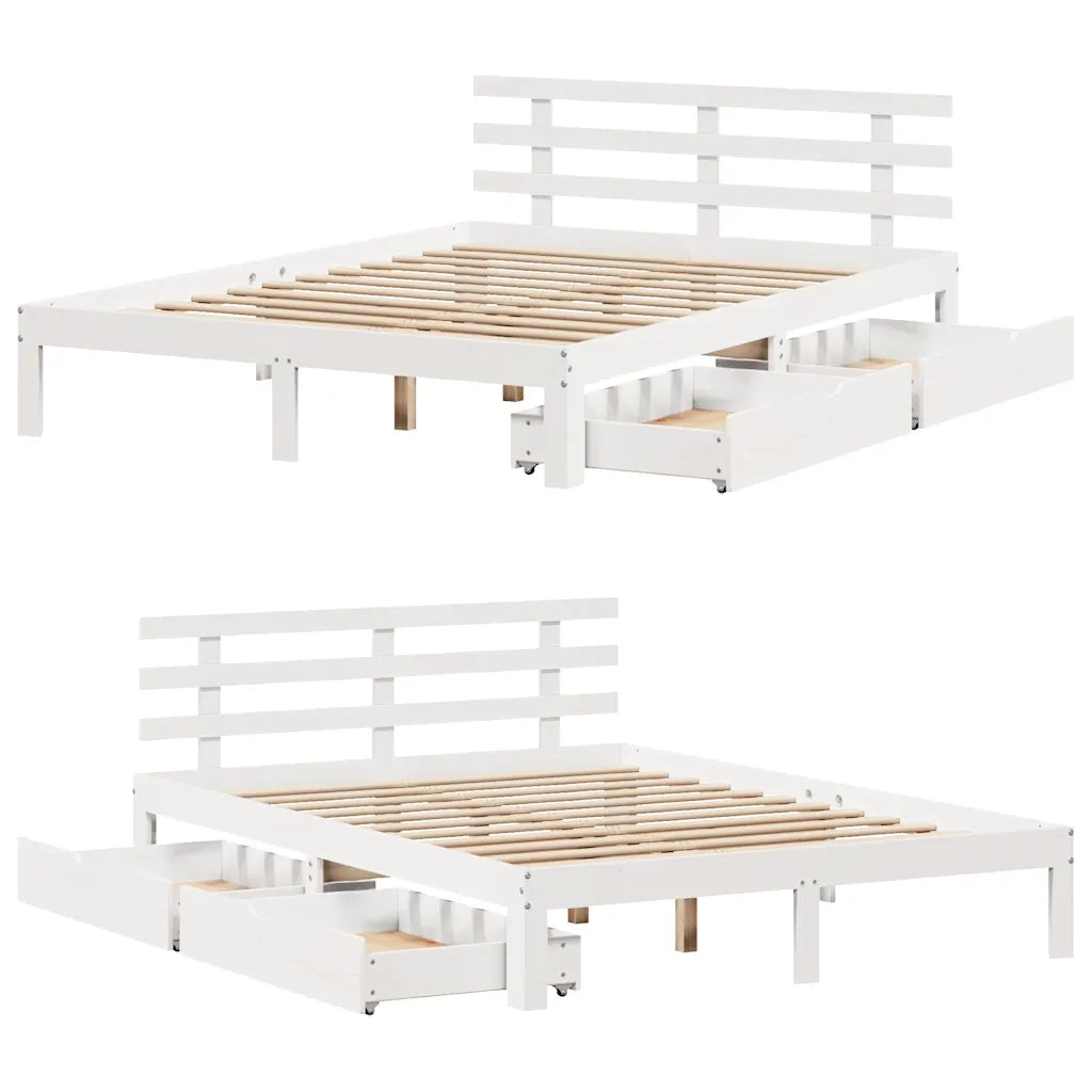 Letto matrimoniale | Letto per adulti | Giroletto con Cassetti Bianco 135x190 cm Legno Massello di Pino