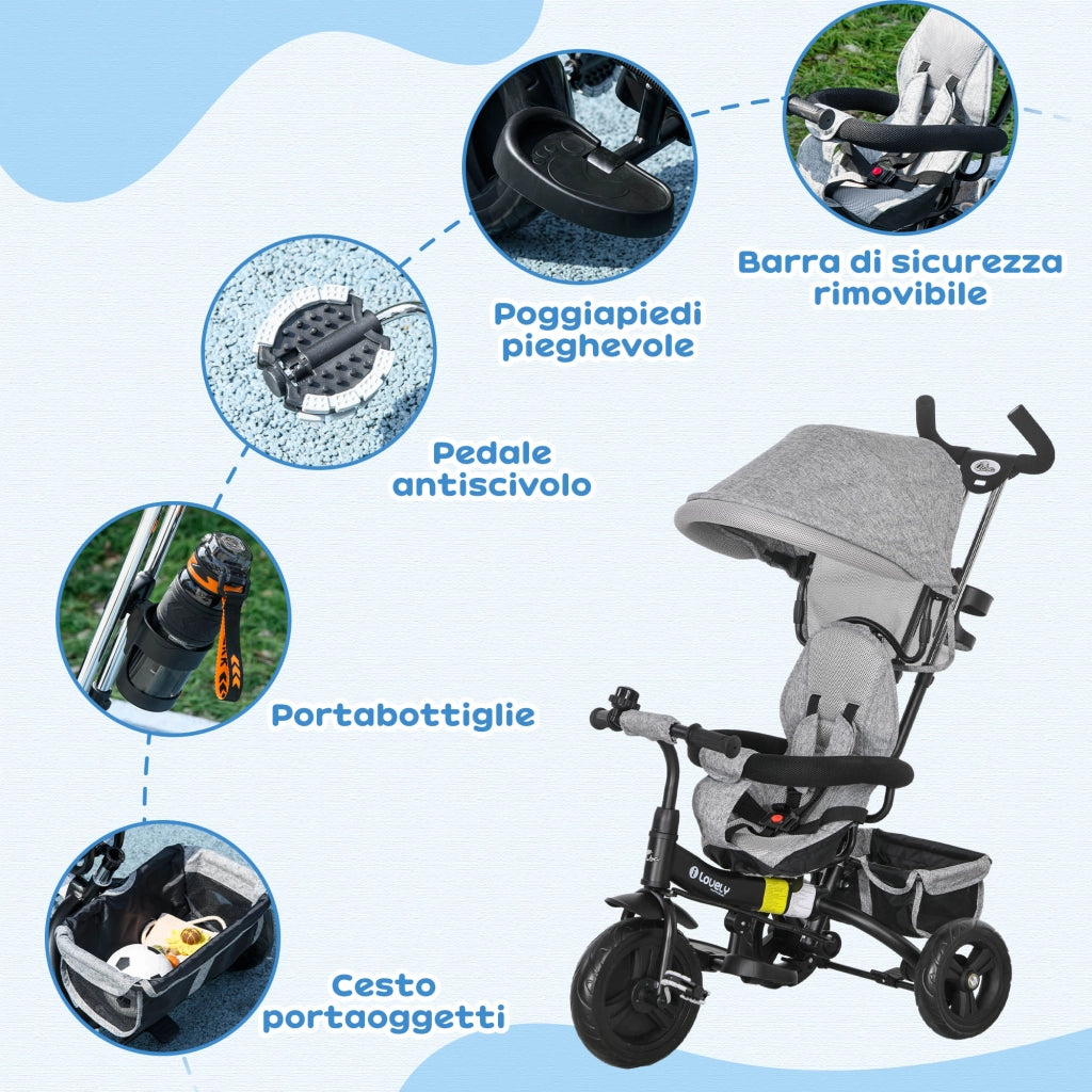 Triciclo Bambini 6 in 1 con Maniglione e Cintura di Sicurezza ¨C zephmum ¨C Grigio