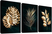 Decorazione per parete con 3 pannelli - stampa HD astratta - 120 x 60 cm - foglie di monstera dorate