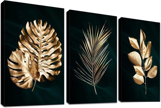 Decorazione per parete con 3 pannelli - stampa HD astratta - 120 x 60 cm - foglie di monstera dorate