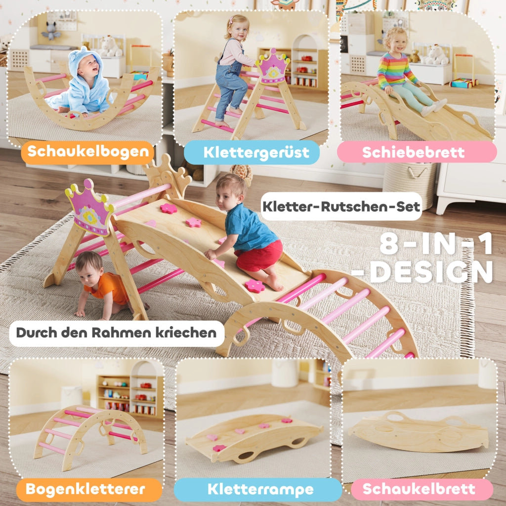Struttura gioco arrampicata bambini 8-in-1 con scivolo ¨C Xylo ¨C legno naturale design principessa