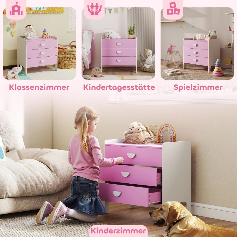 Cassettiera per bambini con 3 cassetti, in MDF, mobile contenitore per bambini, rosa+bianco