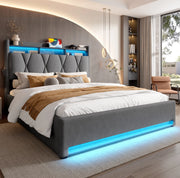 Letto imbottito 160x200 cm con LED e contenitore; testiera portaoggetti in velluto grigio scuro