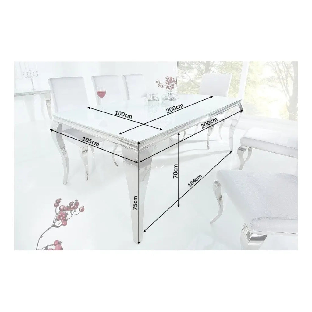 Tavolo da pranzo VELENA – Acciaio argentato e vetro opalino – 200 cm – Stile barocco moderno