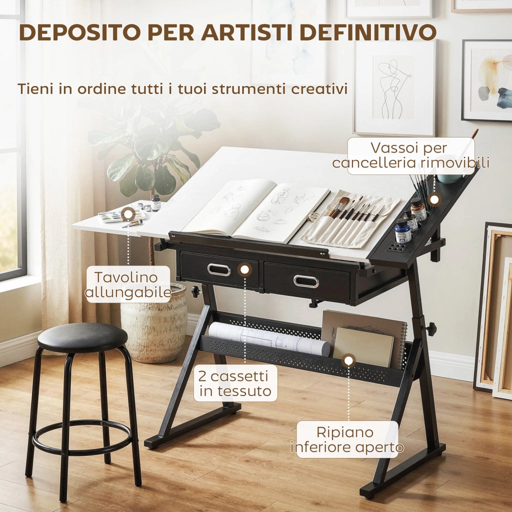 Tavolo da Disegno Regolabile 120x60x92 cm Scrivania e Sgabello per Disegno in MDF Metallo e PU Bianco
