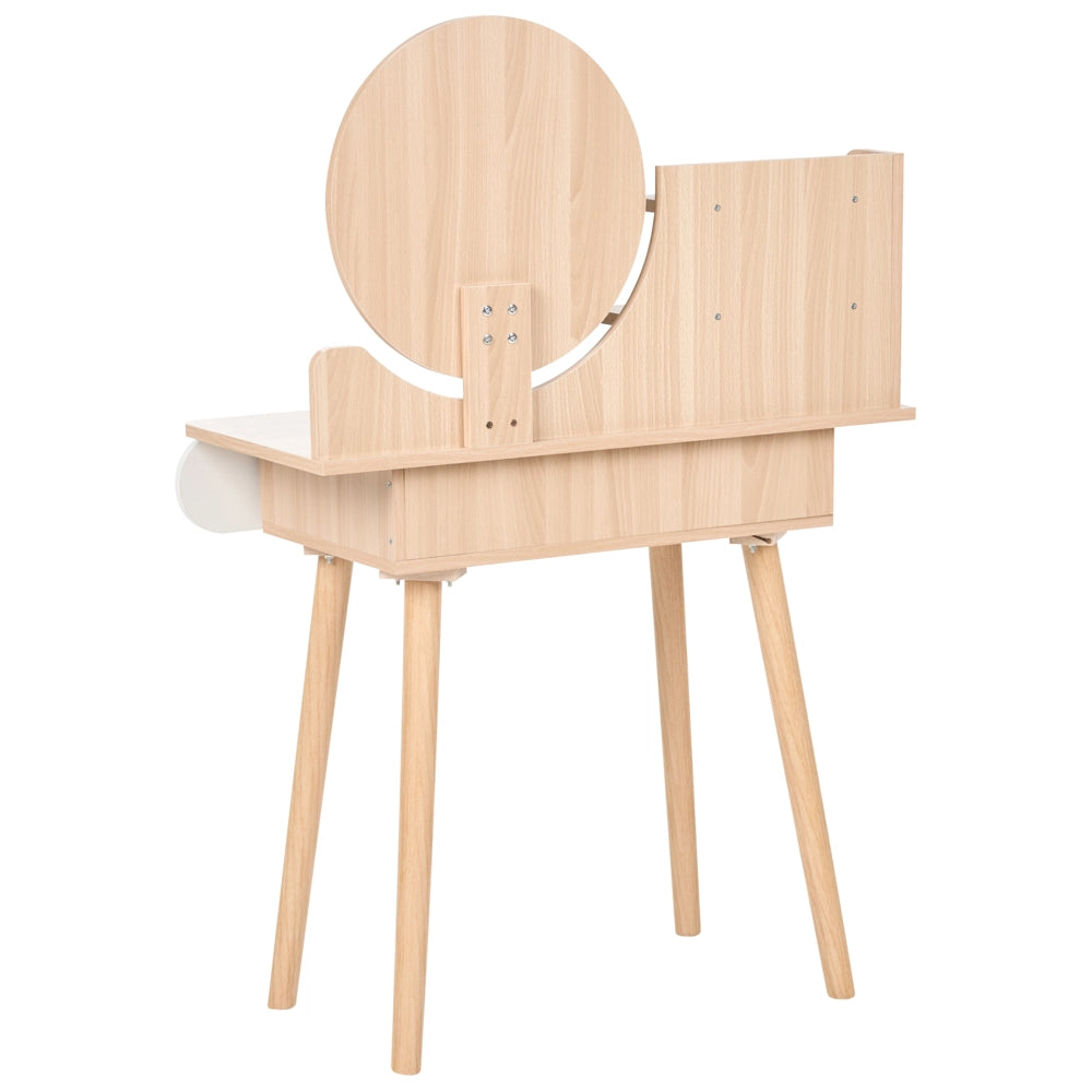 Toeletta in MDF bianco con specchio rotondo, 2 cassetti finitura decorativa effetto legno design scandinavo camera da letto