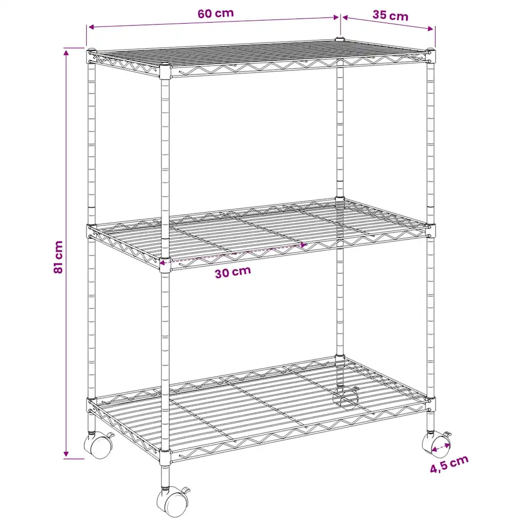 Scaffale a 3 Livelli con Ruote 60x35x81 cm Nero 150 kg 324626