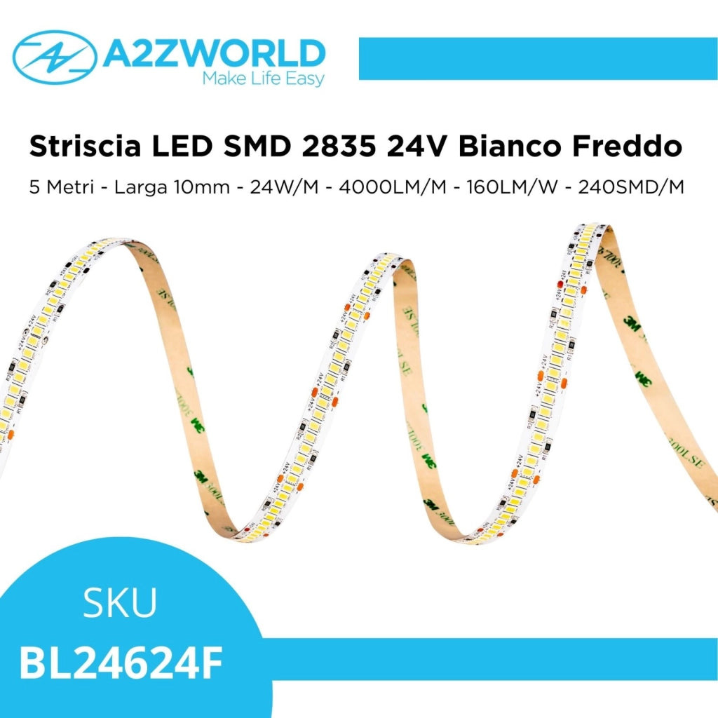 Striscia LED SMD 2835 24V, 5 Metri, Larga 10mm, Freddo 6500K, Super Luminoso 24W/M 4000LM/M 160LM/W 240SMD/M, Dimmerabile PWM, Tagliabile ogni 33mm, IP20, CRI>80