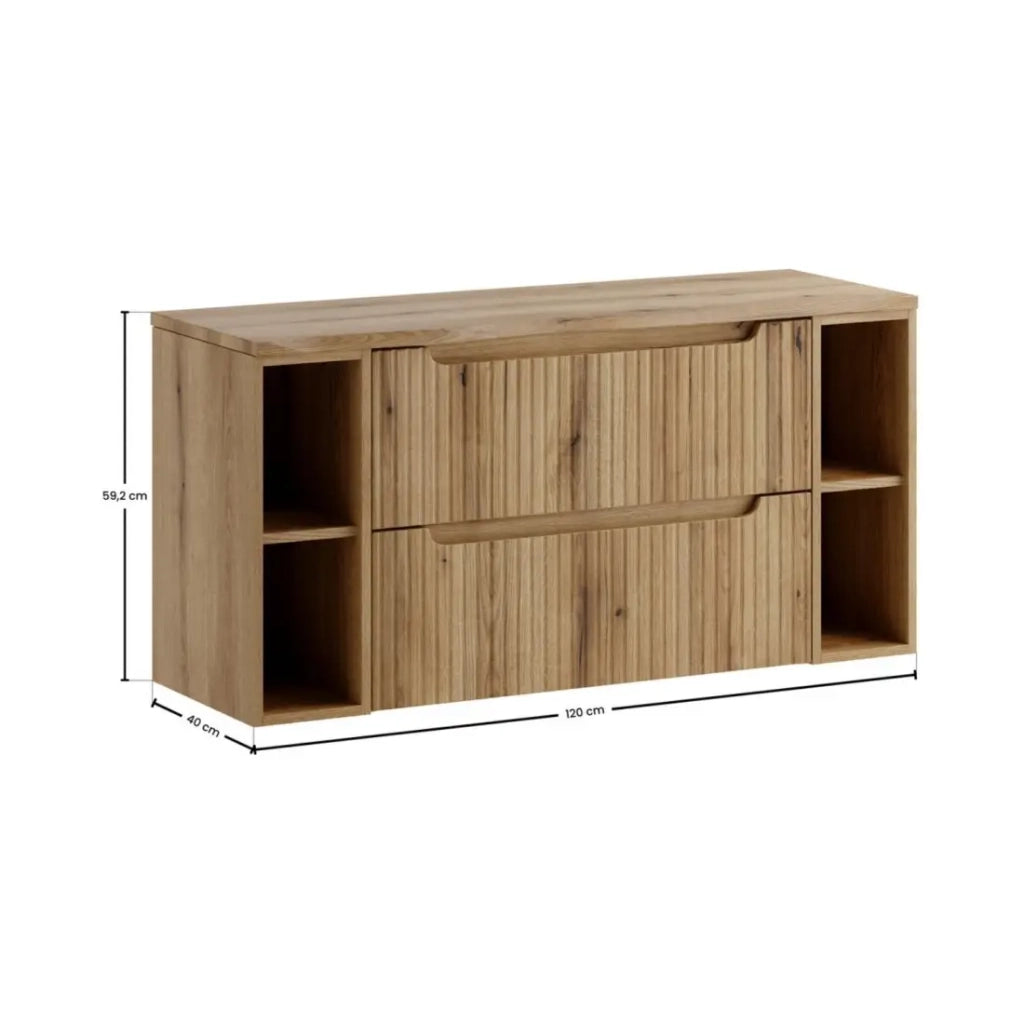 Set da bagno VANO in rovere chiaro 120cm: mobile sottolavabo con cassetti e nicchie a vista + piano per lavabo