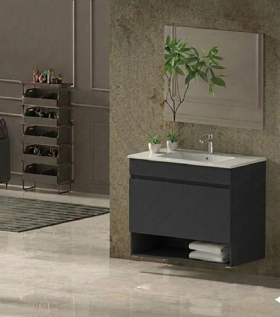 Mobile Bagno NEBARI Già Montato 1 cassetto, lavabo e specchio Grafite 60x45 cm