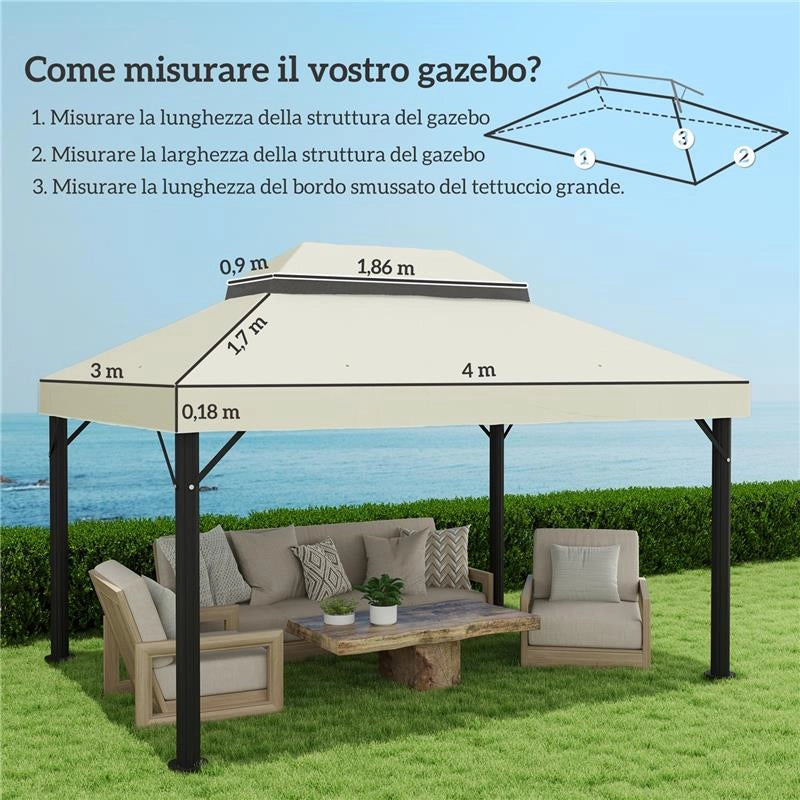 COPERTURA PER GAZEBO DA GIARDINO 3X4 M A 2 LIVELLI IN TESSUTO OXFORD 600D CON FORI DI DRENAGGIO BIANCO CREMA