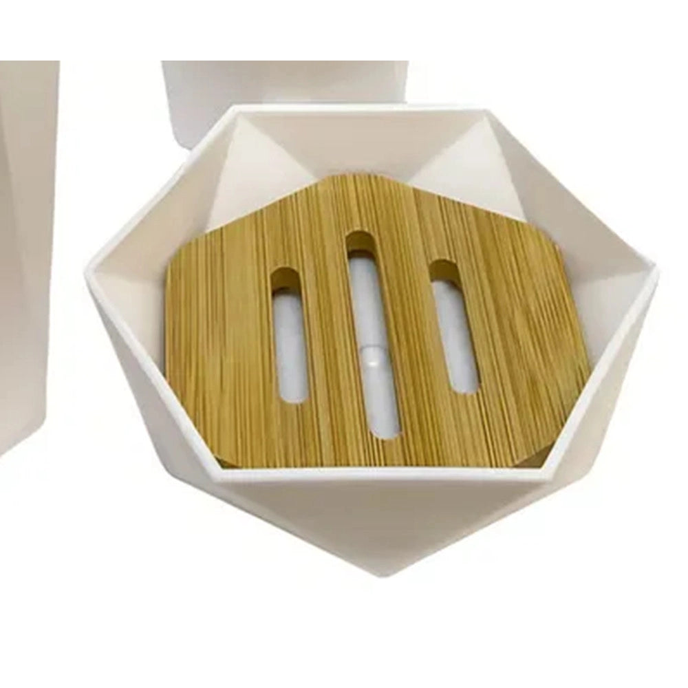 Trade Shop - Piattino Porta Sapone Saponetta Forma Esagonale Geometrico Bianco Legno Da Bagno 10838 -