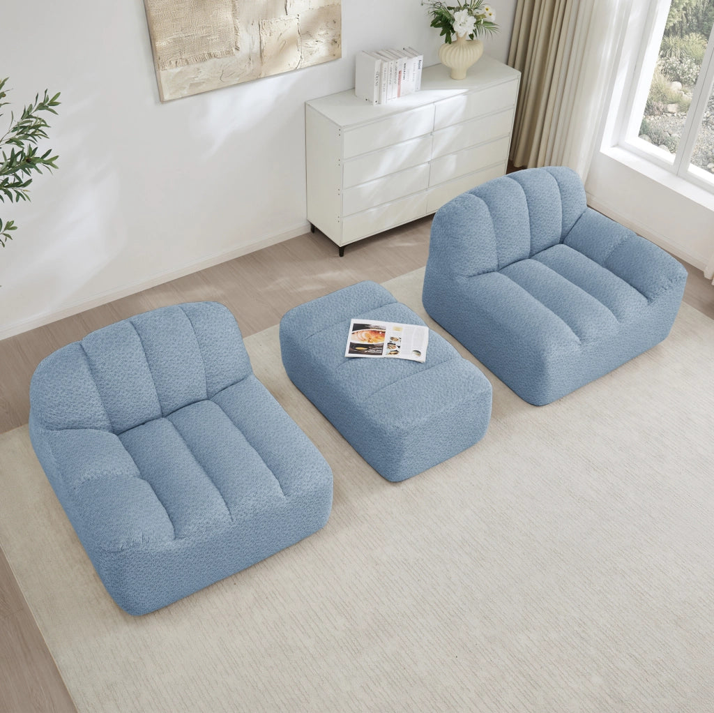 Divano angolare modulare 2 posti con pouf in pile granulato blu HOMVRA