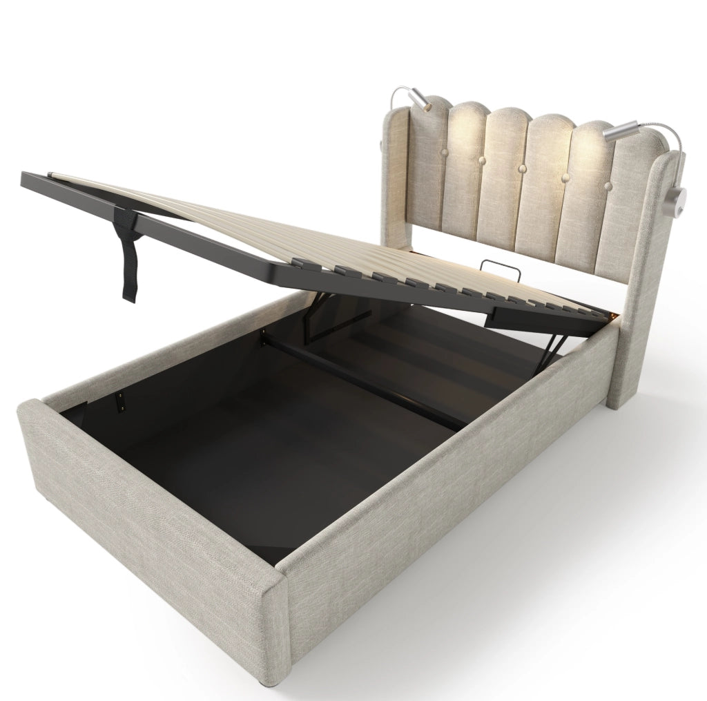 Letto singolo imbottito contenitore 90x200 cm in lino naturale con luce da lettura e USB