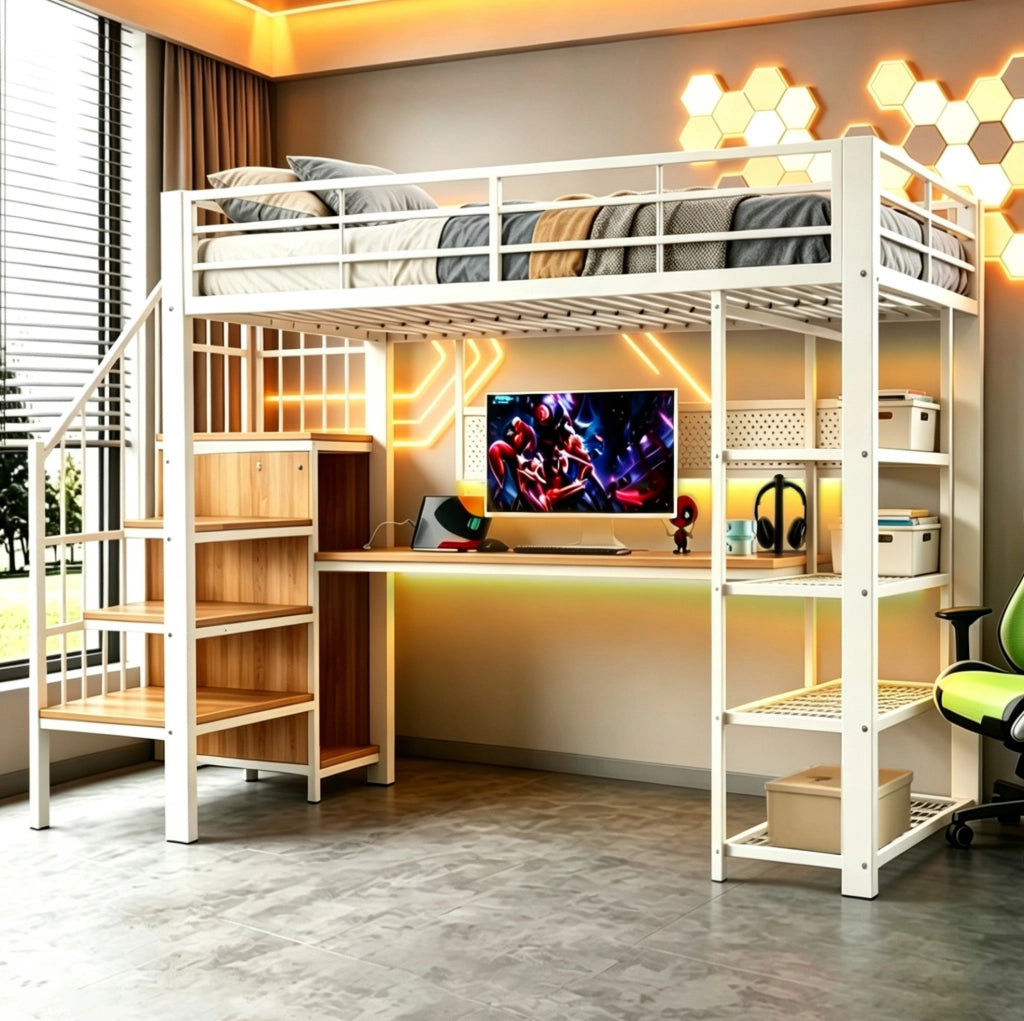 Letto a soppalco 90x200 cm con scrivania, scala contenitore, LED e prese