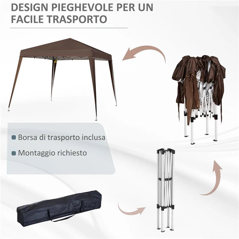 GAZEBO PIEGHEVOLE DA GIARDINO 2.4X2.4M CON STRUTTURA IN ACCIAIO E CORDE ANTIVENTO, CAFFÈ