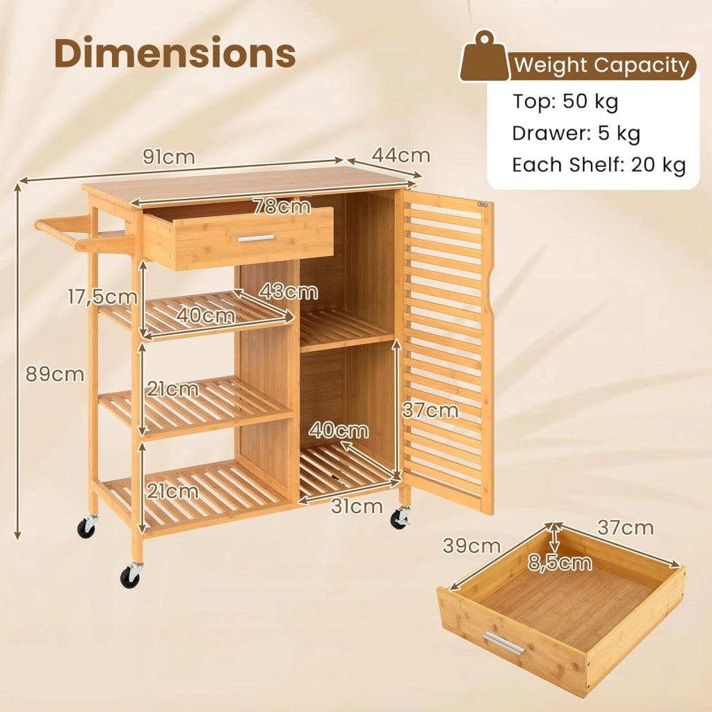 Carrello da Cucina con Ruote, Carrello Credenza in Bambù con Piano Spazioso, Cassetto, 3 Ripiani, Armadietto e Portasciugamani per Cibo, Stoviglie e Utensili da Cucina