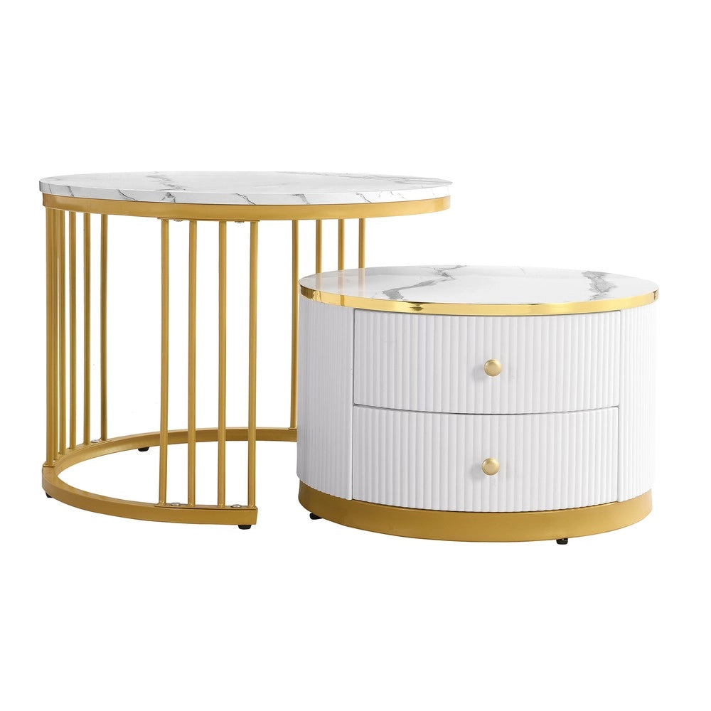 Set 2 Tavolini da Caff¨¨ Rotondi ¨C Xylo ¨C Bianco Lucido Effetto Marmo, 2 Cassetti, 60x60x45 & 50x50x32