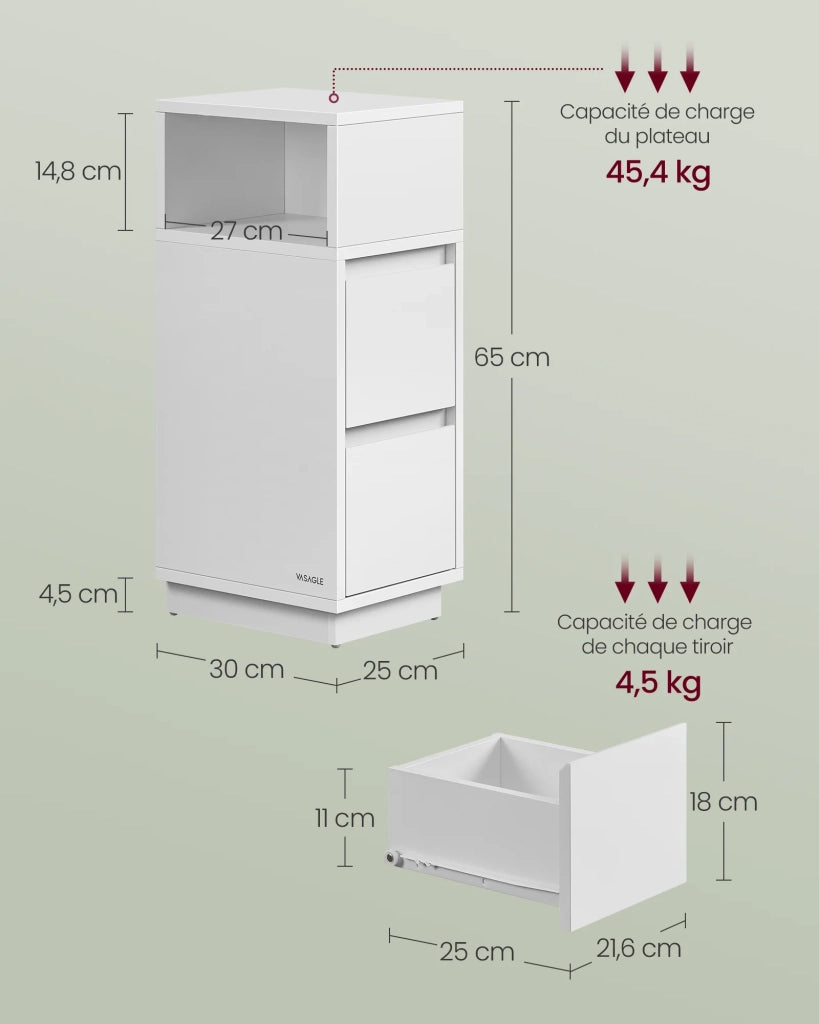 Comodini stretti set di 2 comodini con 2 cassetti e un vano aperto montaggio a sinistra o a destra per camera da letto/soggiorno bianco 12_0007691