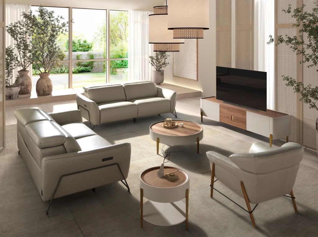 Tavolino rotondo in noce, legno beige e acciaio dorato lucido