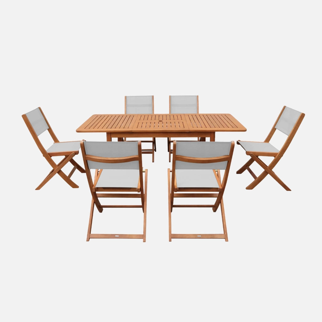 Set tavolo da giardino estensibile in legno di eucalipto con 6 sedie,