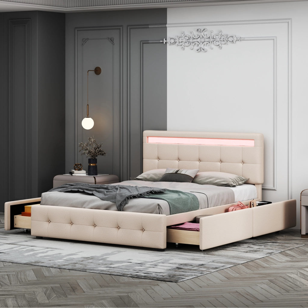 Letto Imbottito con LED, Contenitore e Testiera ¨C MINIMAL ¨C 140x200, Beige, 4 Cassetti