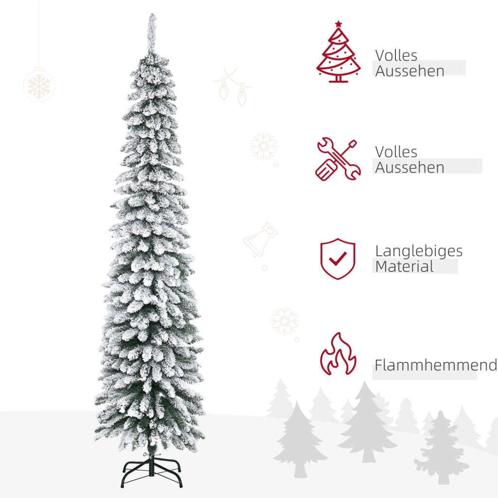 Albero di Natale artificiale, innevato, design sottile, ignifugo, 210 cm, verde/bianco