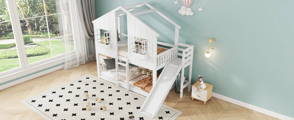 Letto a castello con scivolo in legno massello e MDF 90x200 cm