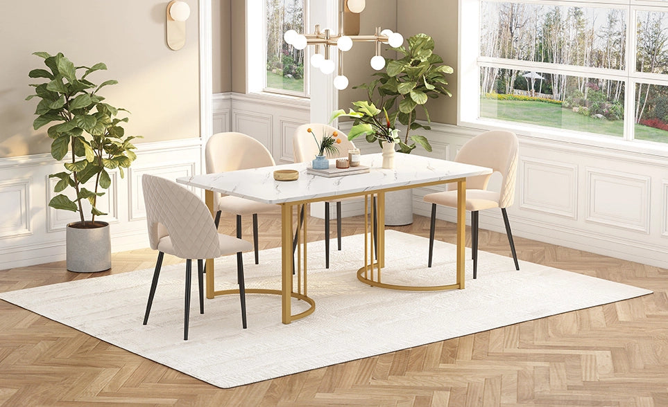 Set da pranzo 140x80x75 cm con tavolo effetto marmo; velluto beige