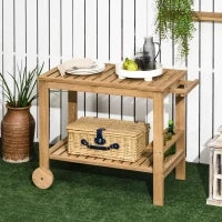 Carrello da Giardino per Barbecue in Legno con Maniglia, 2 Ripiani e Porta Bottiglie, 95 x 47 x 74 cm, Legno naturale