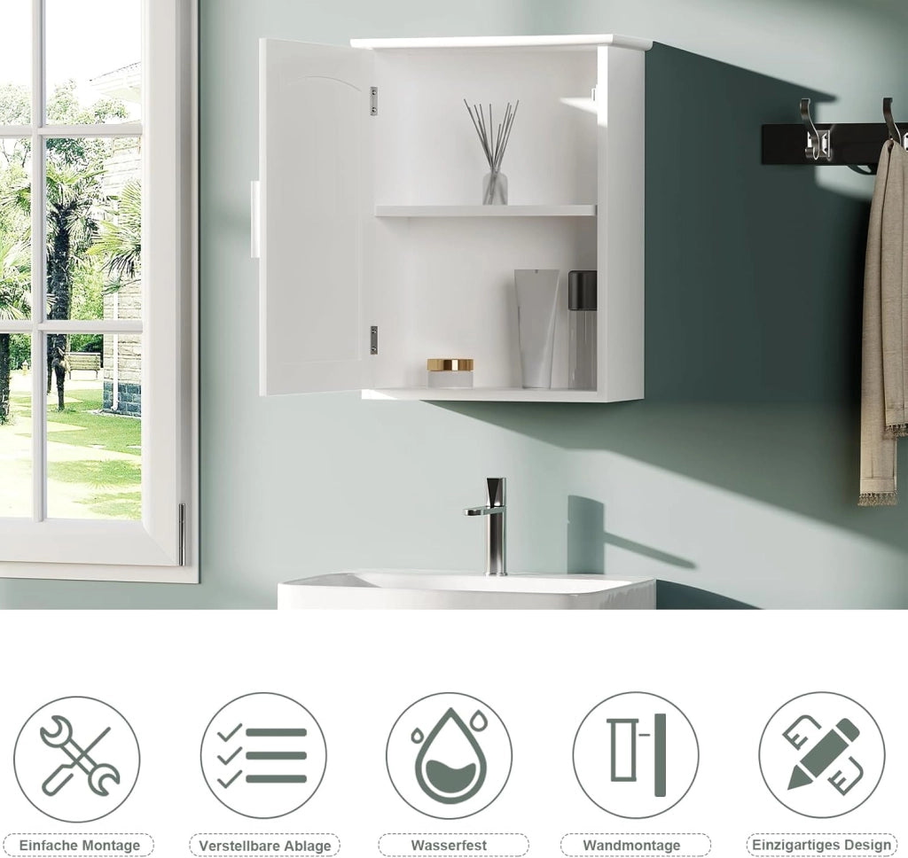 Pensile bagno sospeso, armadietto a muro con ripiano regolabile, MDF E1, bianco, 40x51x17cm, spazio ridotto, impermeabile, facile da montare, per bagno, cucina, ripostiglio