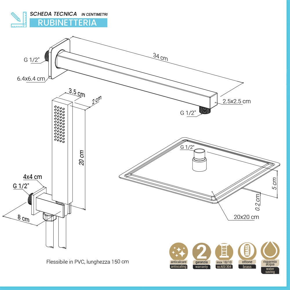 Set doccia in acciaio inox con soffione ultra slim 20x20 cm, braccio doccia e kit doccino in ottone cromo lucido