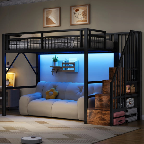 Letto a castello - Zephmum- 90x200 cm - Nero - Telaio in ferro, striscia LED, scala con contenitore