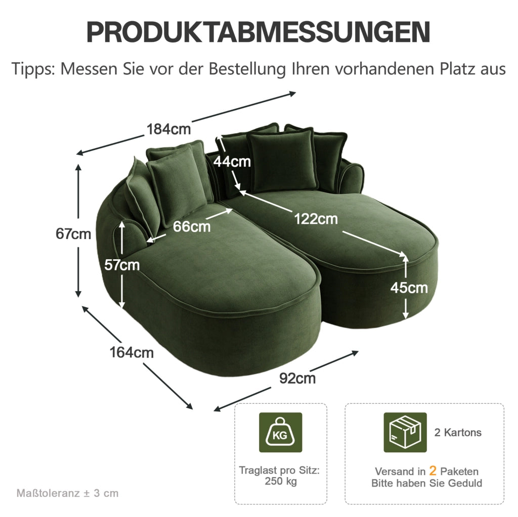 Divano modulare trasformabile in chenille 184x164x67 cm con chaise longue doppia; verde