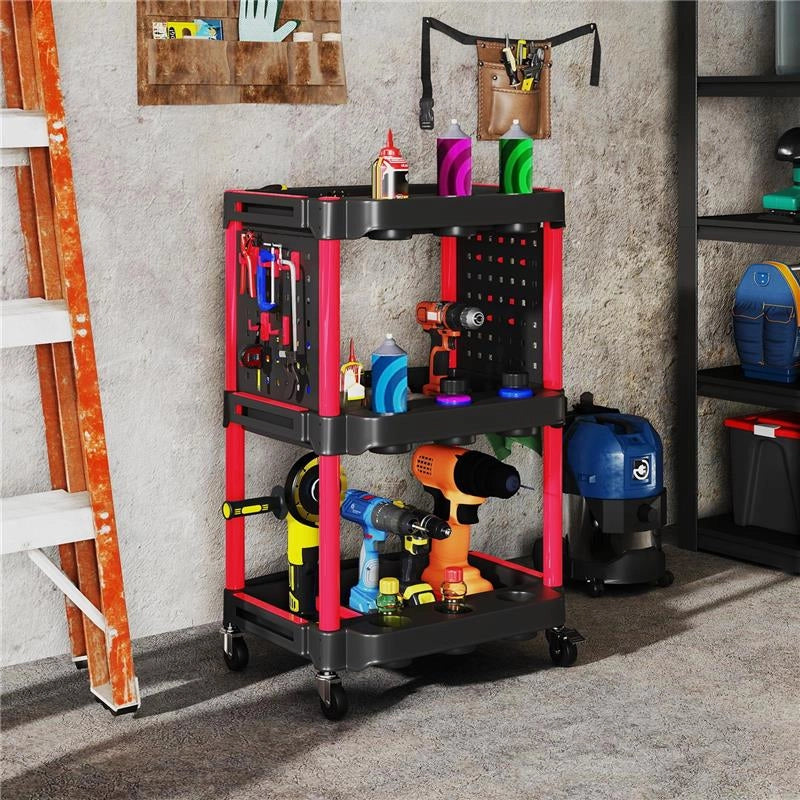 CARRELLO PORTA ATTREZZI A 3 LIVELLI IN PLASTICA CON PANNELLO FORATO LATERALE, NERO E ROSSO
