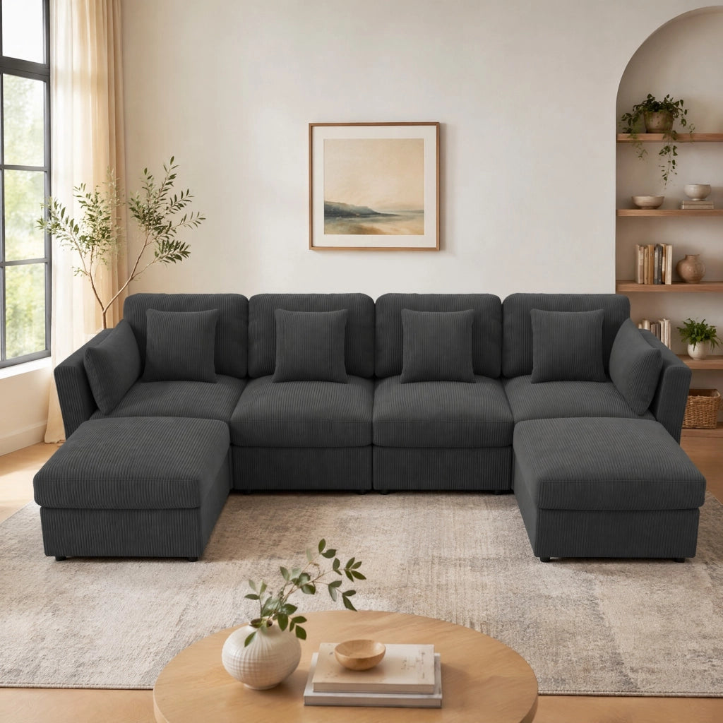 DIVANO ANGOLARE MODULARE 290 x 159,5 x 89 cm in Corda Grigio con 2 Pouf