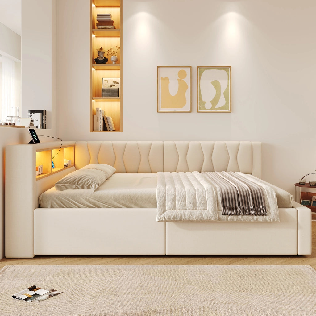 Letto contenitore 140x200 cm con sollevamento idraulico; LED dimmerabile; testiera con ripiano e USB; beige